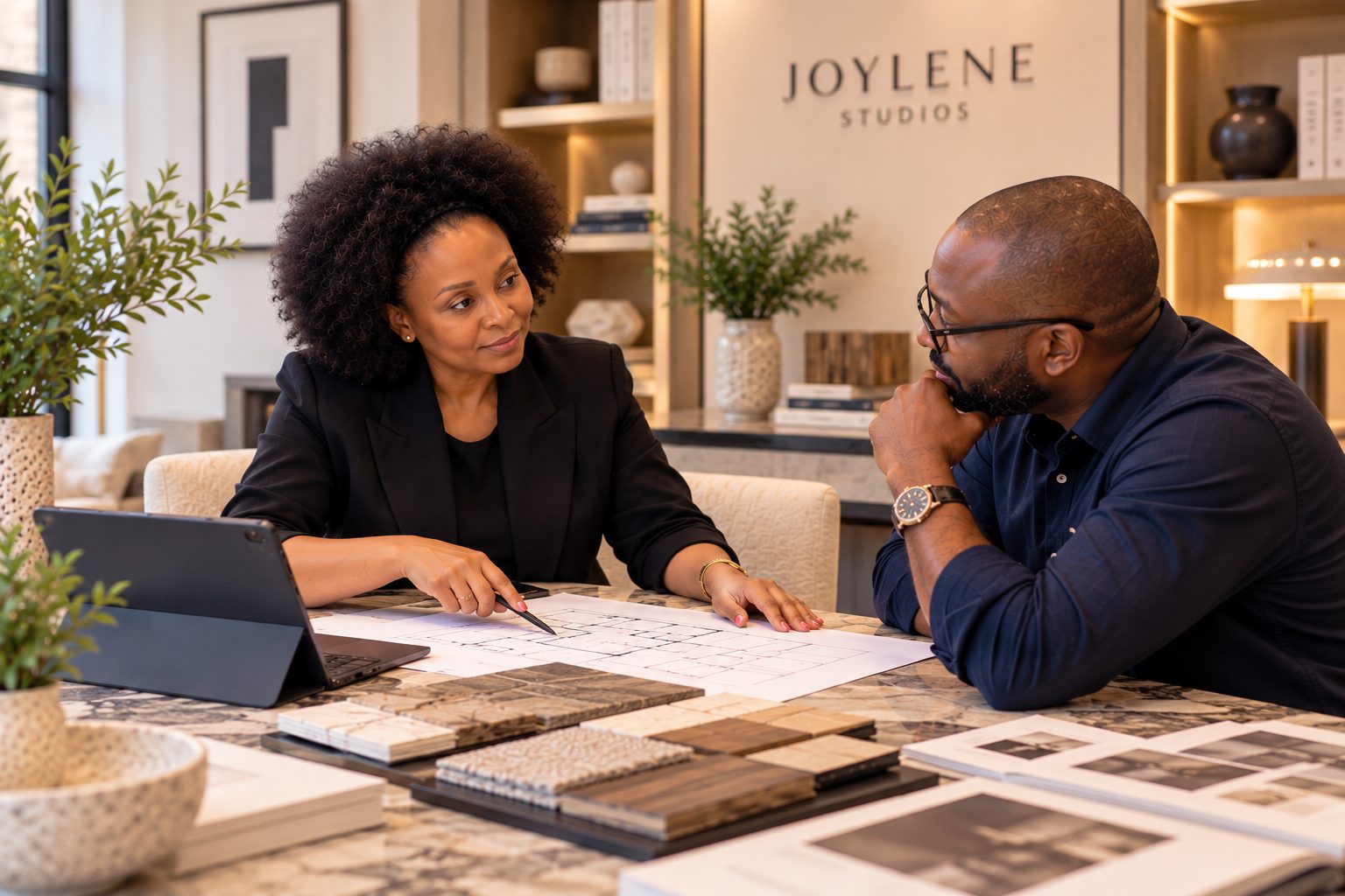 Interior designer discussing home plans with a client at Joylene Studios.