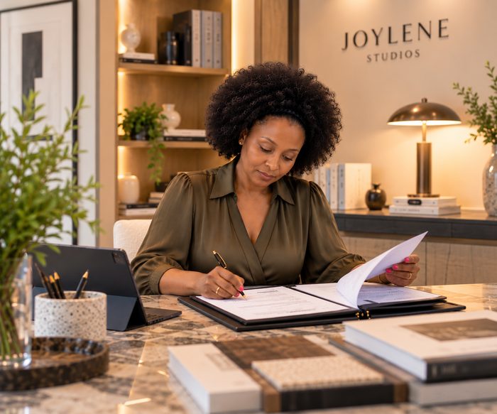 Interior designer reading and signing a written agreement at her desk at Joylene Studios