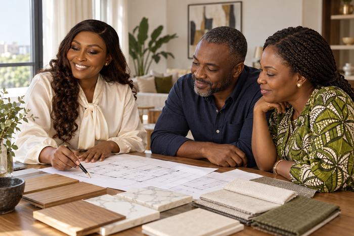 Joylene going through floor plans and material samples with a couple at their dining table