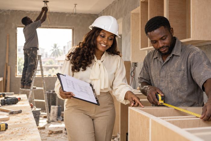 Joylene on site with a carpenter measuring new kitchen cabinets while an electrician works on the ceiling