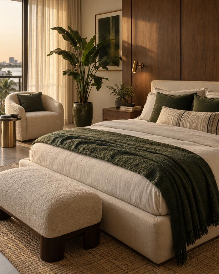 A calm, finished bedroom with ivory linen, a walnut headboard wall and soft afternoon light