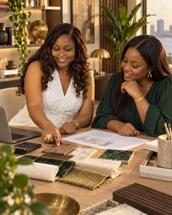 Joylene and a client going through a quote and material samples together