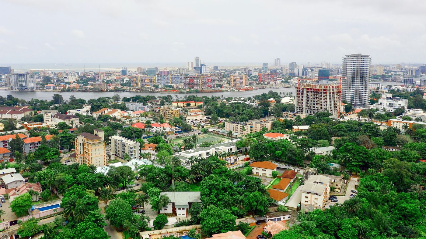 Aerial view of Ikoyi, Lagos: homes and apartment blocks among green trees