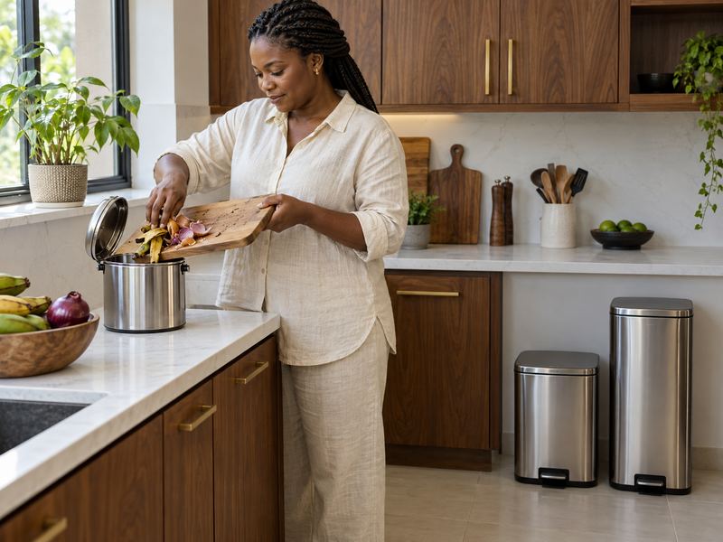 Two kitchen bins, one for food scraps and one for dry waste