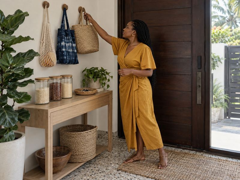 Reusable shopping bags by the front door