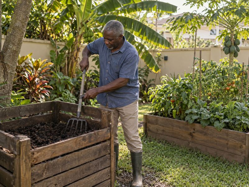 Turning a compost bed in a home garden